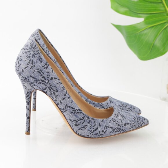 J Crew Womens Roxie Pump Size 8.5 Blue Satin Palm Tree Pointed Heel Shoes Italy - Picture 7 of 13